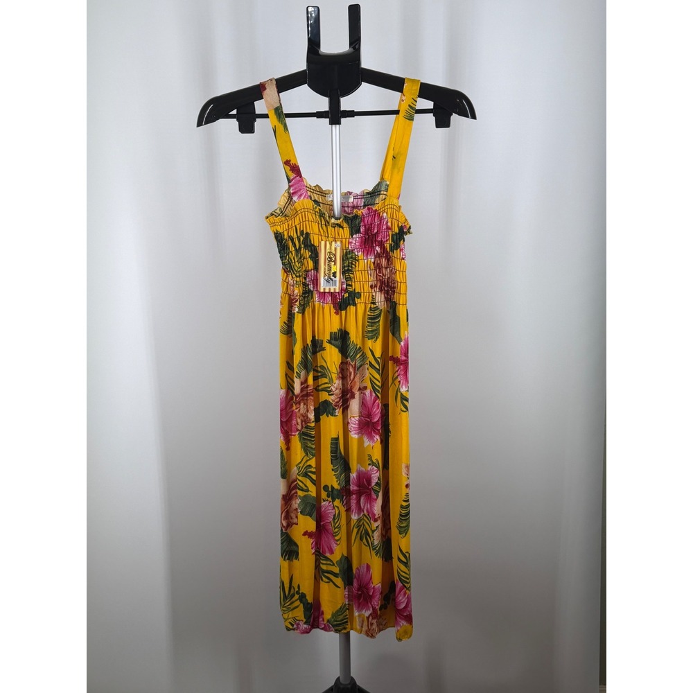 Bamboo Bay Yellow Tropical Hibiscus‎ Floral Smocked Midi Sundress NWT XXL